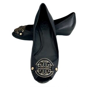 Tory Burch Black Leather ‘Amanda’ Open Toe Demi Wedges, Size 8